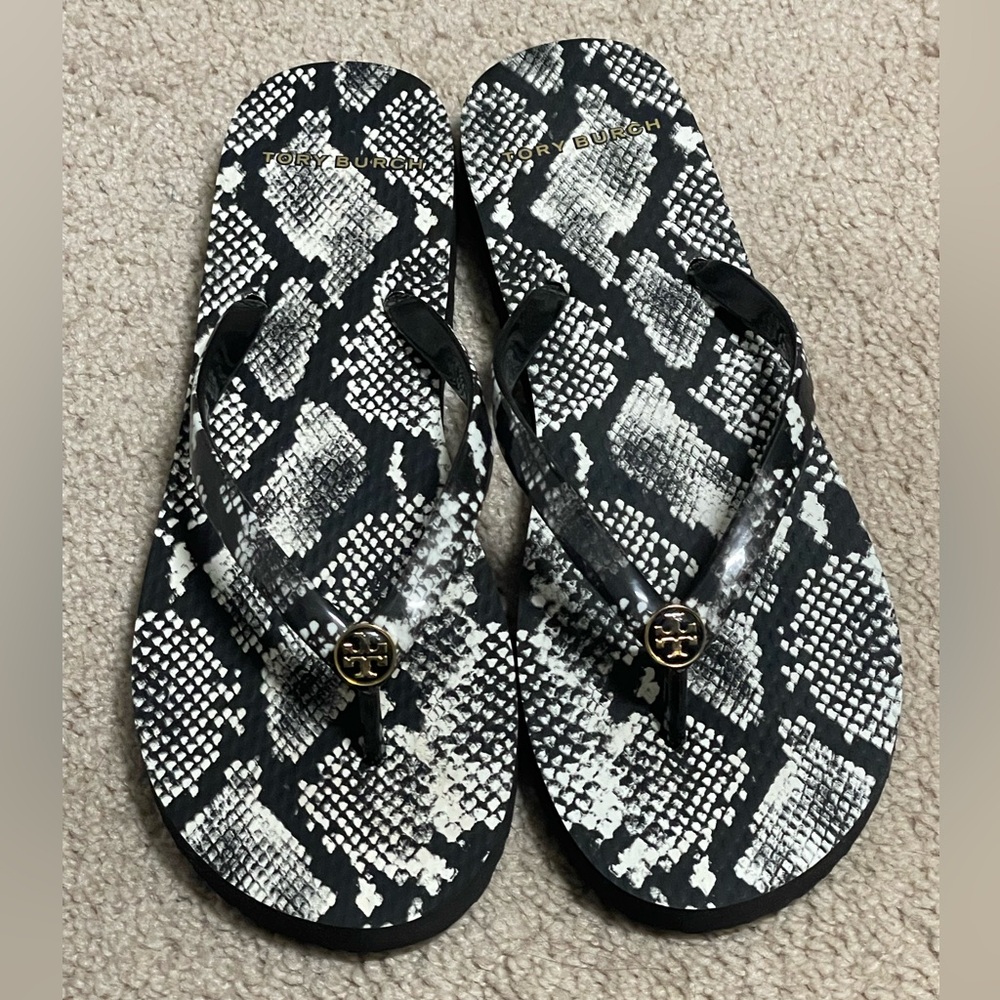 Tory Burch snake print flip flops